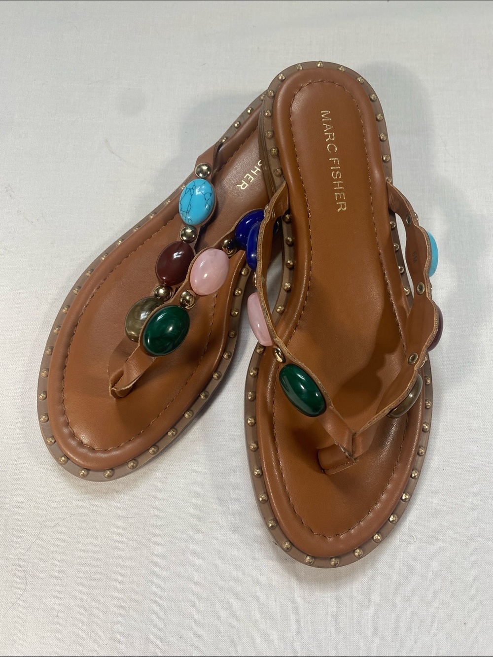 Marc Fisher Tan Leather Multicolor Stone Thong Sandals